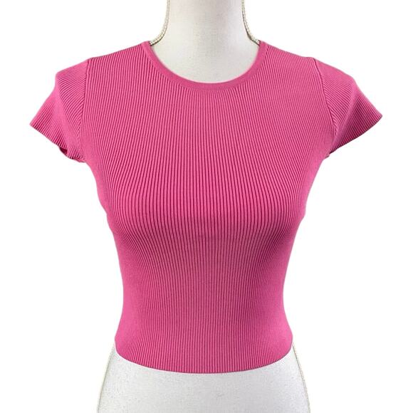 NEW Minaa Monroe Size XS S Bubblegum Pink Ribbed Crop Sweater Barbie Barbiecore - Picture 1 of 5